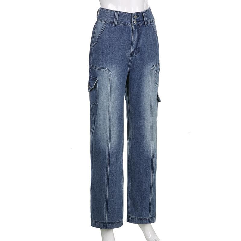 acelimosf™-High rise straight leg button gradient pocket jeans y2k 90s Revival Techno Fashion