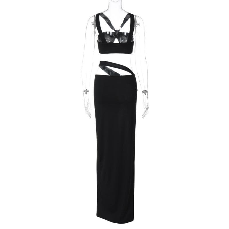 acelimosf™-O ring high slit hollow out ruched backless cami maxi skirt set