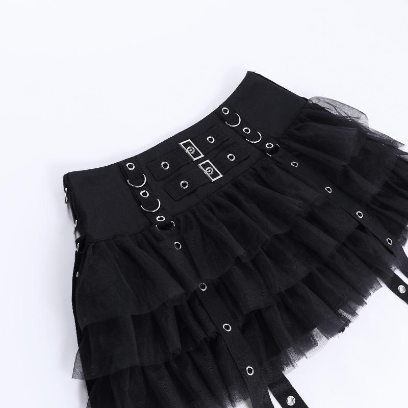 acelimosf™-Buckle mesh zip-up ruched A line mini skirt goth Alternative Darkwave Fashion goth Emo Darkwave Fashion