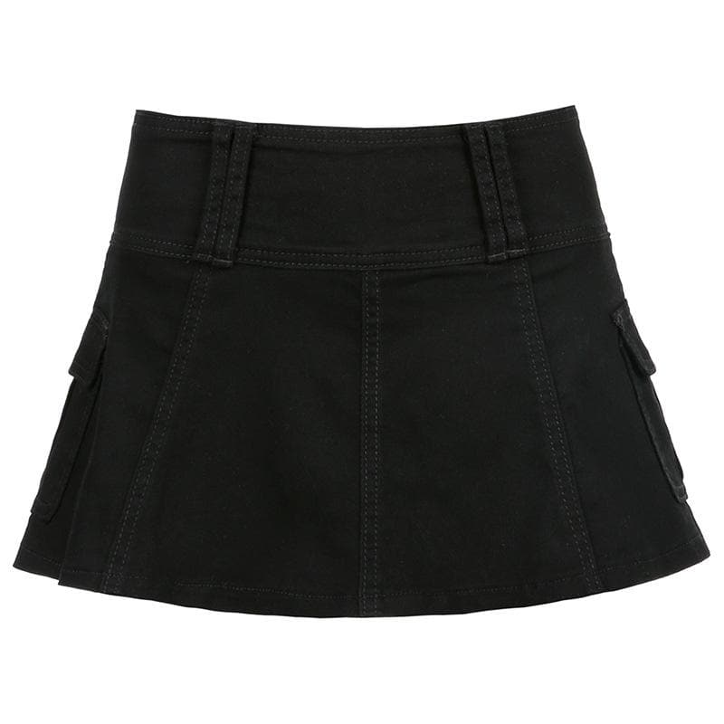 acelimosf™-A line zip-up cargo pocket solid medium rise denim midi skirt y2k 90s Revival Techno Fashion
