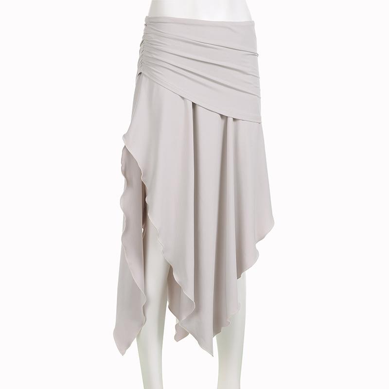 acelimosf™-Ruched irregular ruffle slit solid high rise midi skirt y2k 90s Revival Techno Fashion