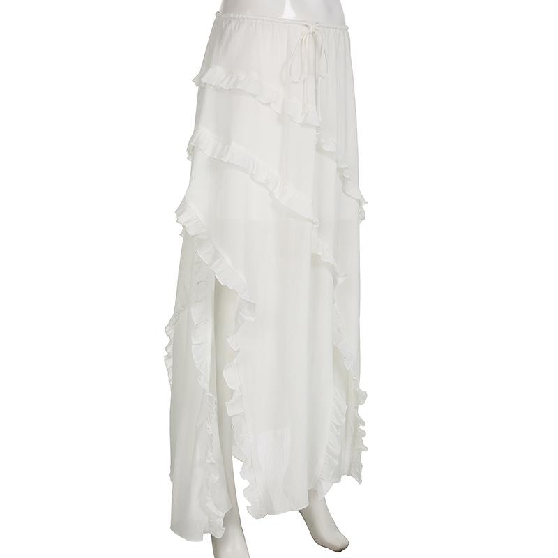 acelimosf™-Drawstring ruffle slit irregular solid maxi skirt y2k 90s Revival Techno Fashion