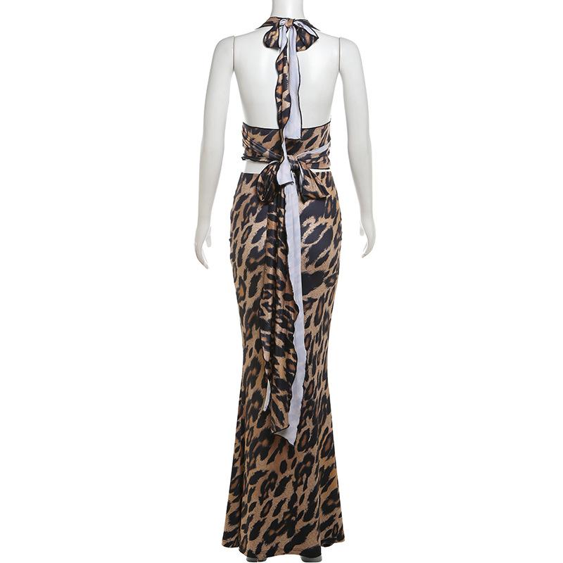 acelimosf™-Leopard print halter ruched backless maxi skirt set