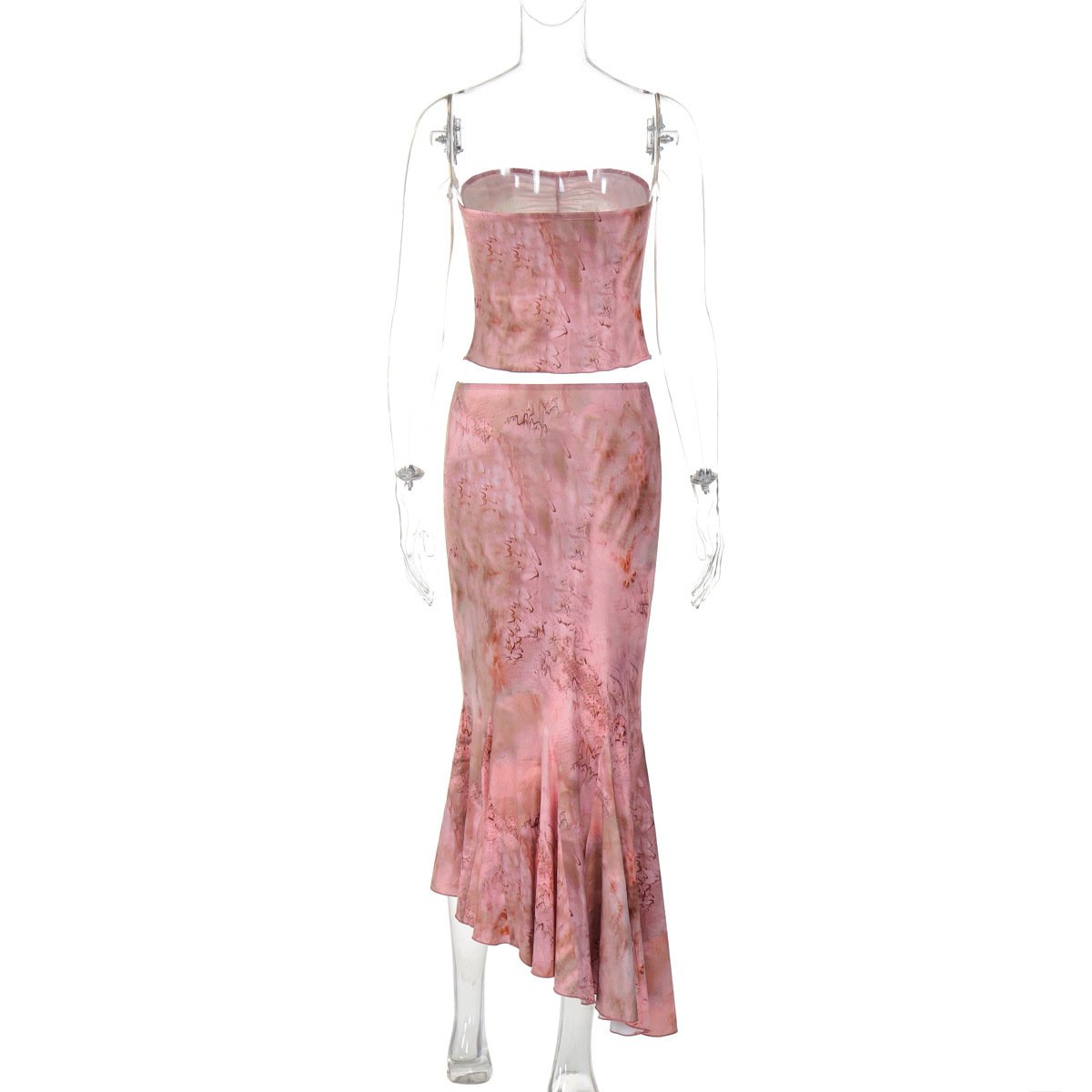 acelimosf™-Ruched tie dye backless tube maxi skirt set