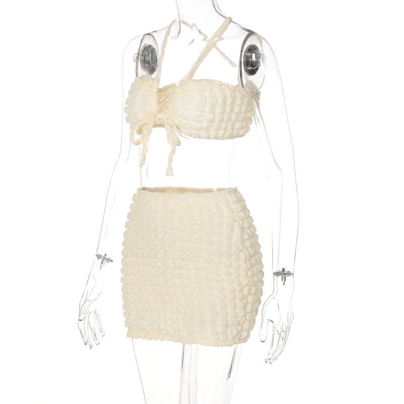 acelimosf™-Drawstring ruched waffle solid mini skirt set