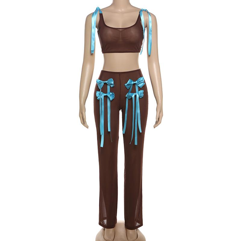 acelimosf™-Bowknot applique sheer mesh self tie tank pant set
