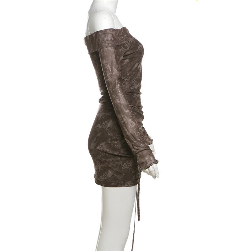 acelimosf™-Long sleeve off shoulder ruffle ruched drawstring mini skirt set
