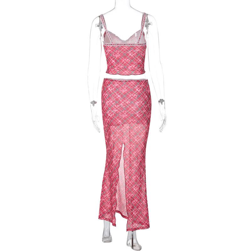 acelimosf™-Plaid contrast lace hem v neck slit cami maxi skirt set