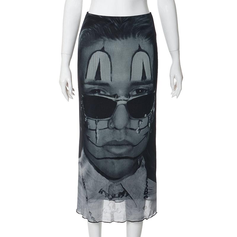 acelimosf™-Abstract contrast print low rise mesh ruffle midi skirt