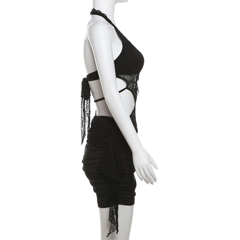 acelimosf™-Halter deep v neck patchwork lace ruffle mini skirt set