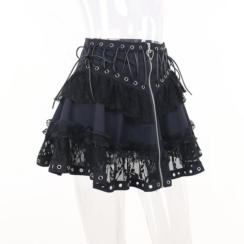 acelimosf™-Zip-up lace up patchwork lace ruffle mini skirt goth Alternative Darkwave Fashion goth Emo Darkwave Fashion