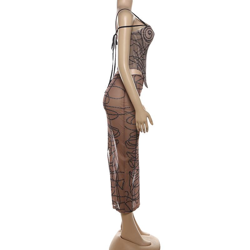 acelimosf™-Sheer mesh striped print self tie cami mini skirt set