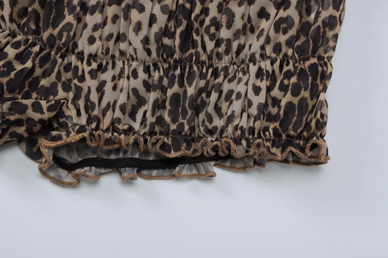acelimosf™-Leopard print ruffle ruched crop chiffon cami pant set