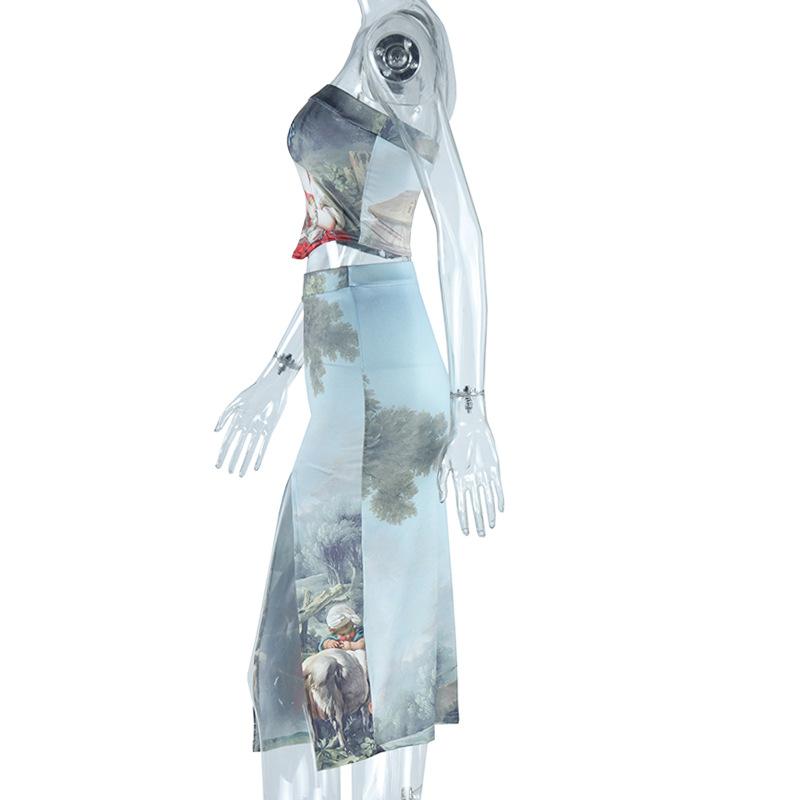 acelimosf™-Slit print contrast backless tube midi skirt set