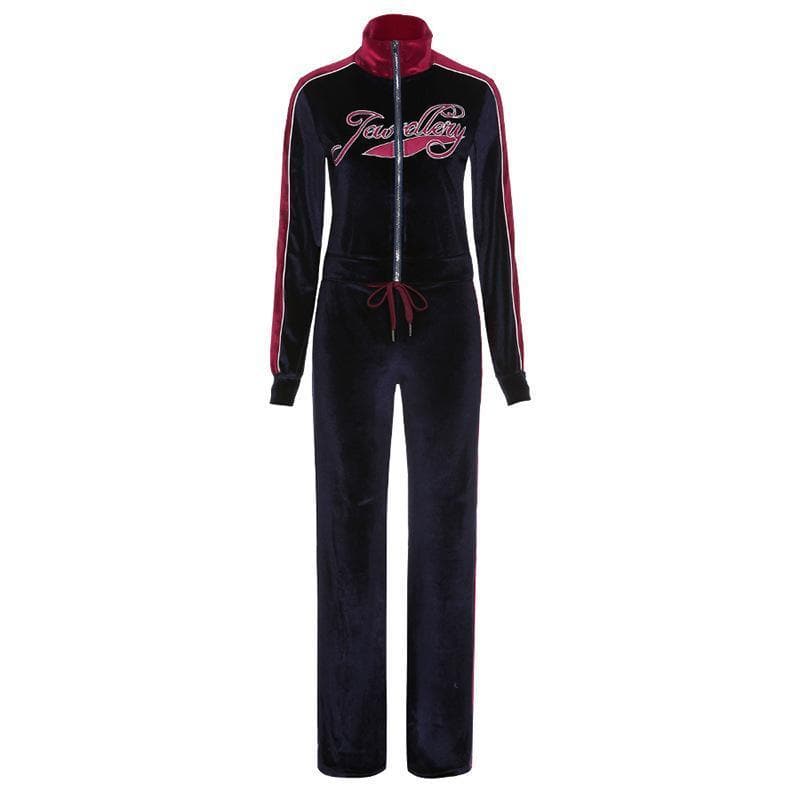 acelimosf™-Zip-up letter embroidered high neck pant set y2k 90s Revival Techno Fashion