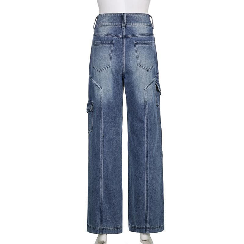 acelimosf™-High rise straight leg button gradient pocket jeans y2k 90s Revival Techno Fashion
