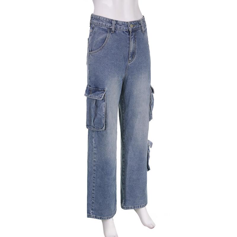 acelimosf™-Cargo pocket button high rise straight leg jeans grunge 90s Streetwear Disheveled Chic Fashion grunge 90s Streetwear Distressed Fashion