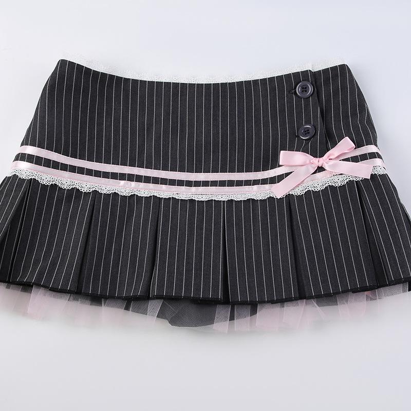 acelimosf™-Bowknot lace hem pleated button striped print mini skirt