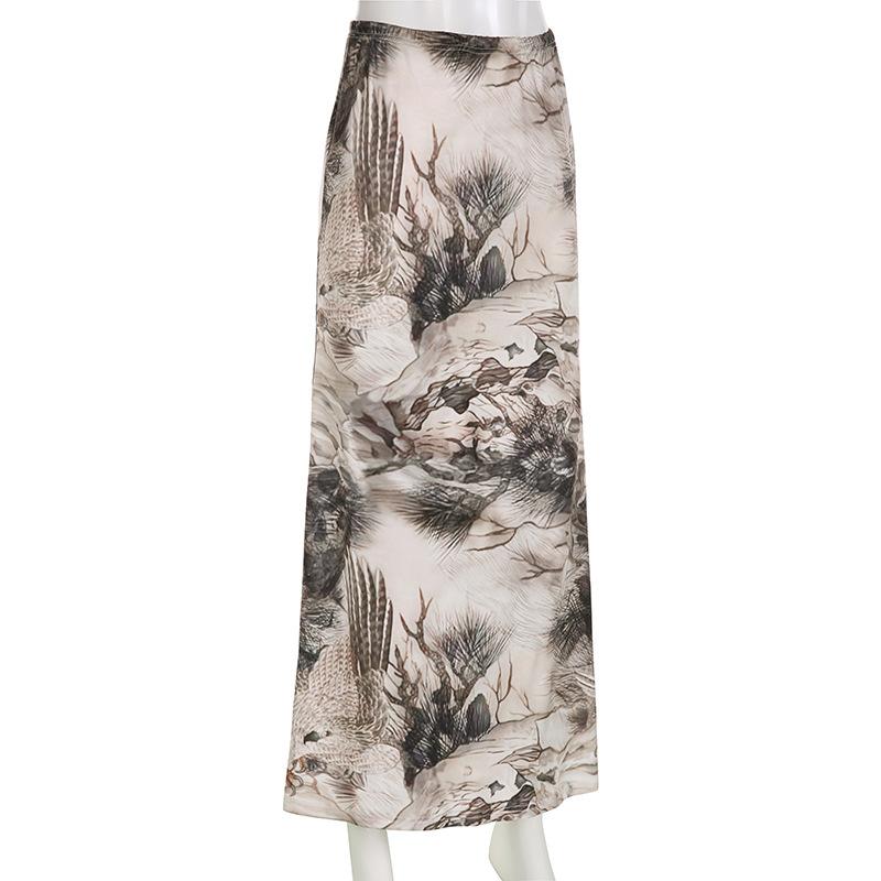 acelimosf™-Tree print contrast low rise maxi skirt grunge 90s Streetwear Disheveled Chic Fashion grunge 90s Streetwear Distressed Fashion