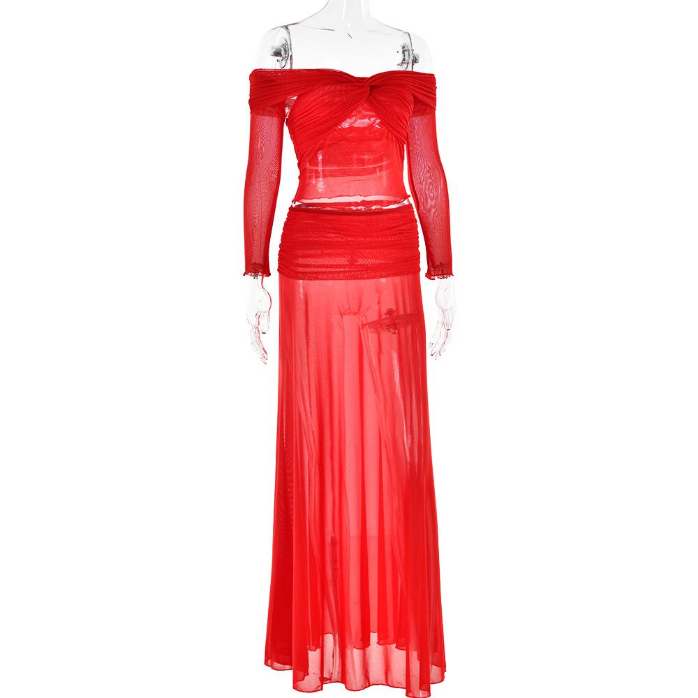 acelimosf™-Long sleeve off shoulder sheer mesh maxi skirt set