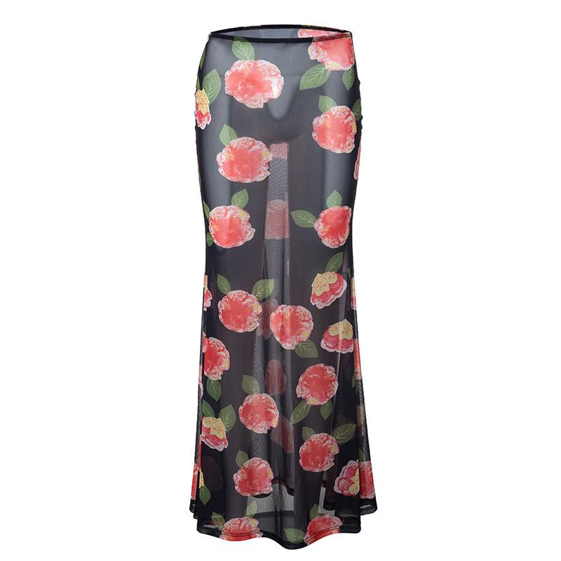 acelimosf™-Sheer mesh flower print contrast maxi skirt