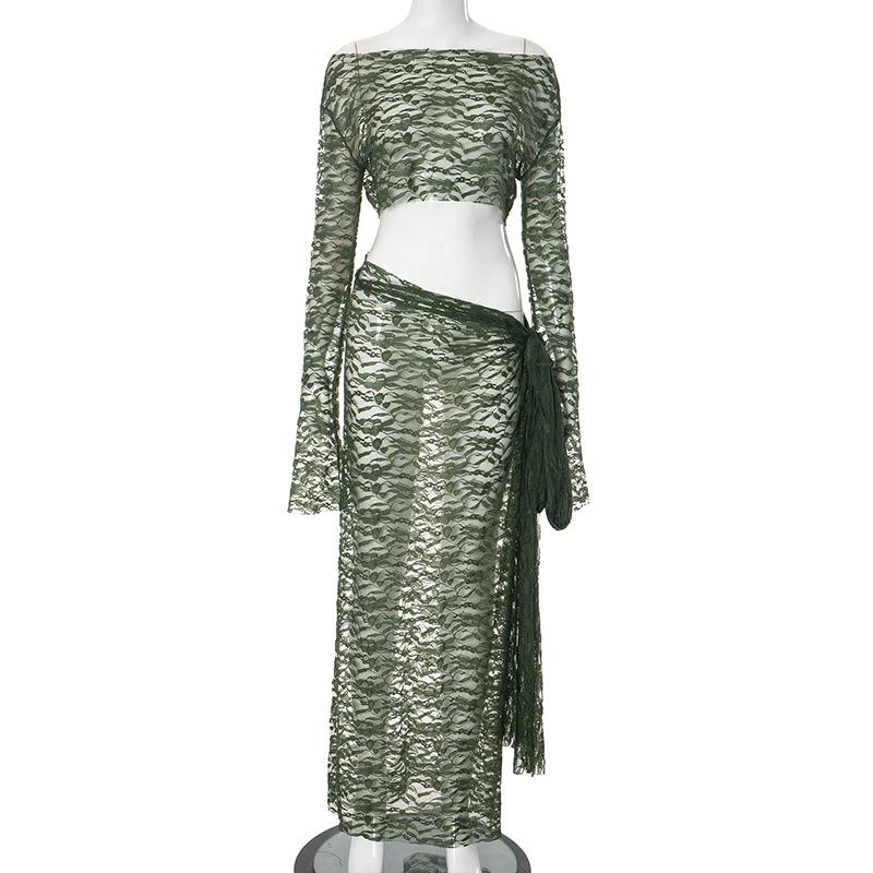 acelimosf™-Long sleeve lace see through irregular maxi skirt set