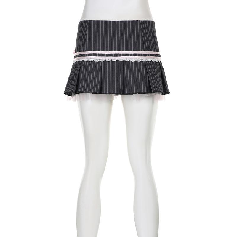 acelimosf™-Bowknot lace hem pleated button striped print mini skirt