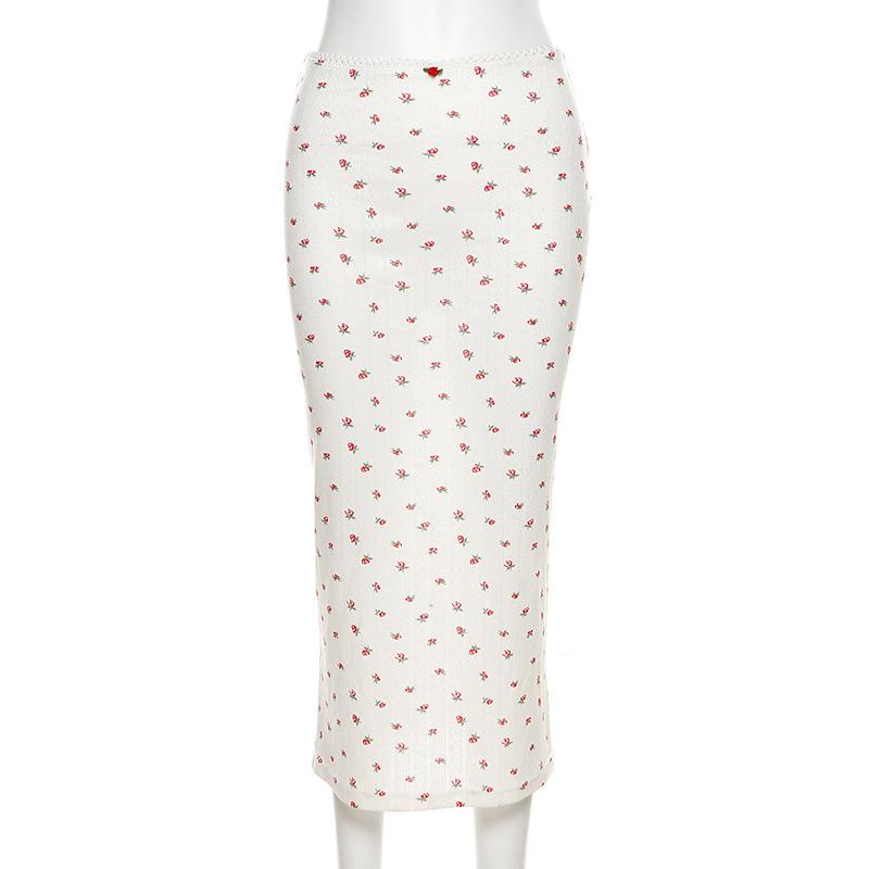 acelimosf™-Flower print u neck sleeveless low rise lace hem midi skirt set