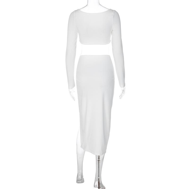 acelimosf™-Long sleeve off shoulder high slit midi skirt set