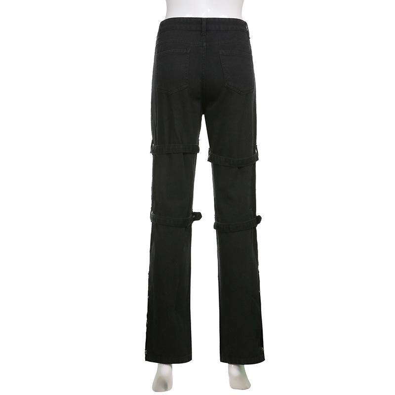 acelimosf™-Button contrast abstract pattern cargo pocket high rise jeans goth Alternative Darkwave Fashion goth Emo Darkwave Fashion