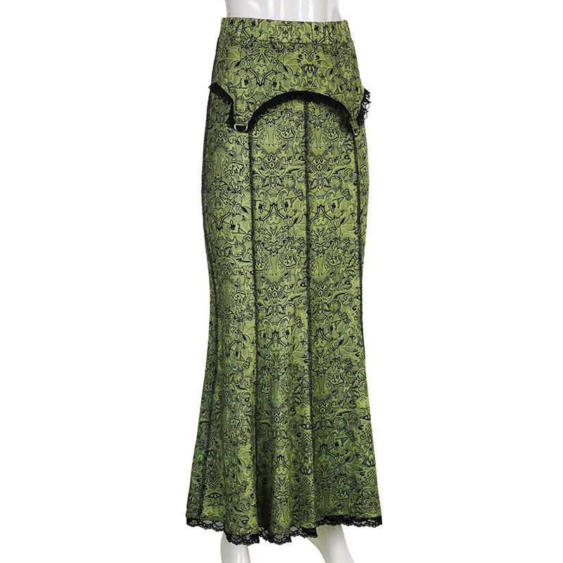 acelimosf™-Stitch lace hem abstract contrast maxi skirt