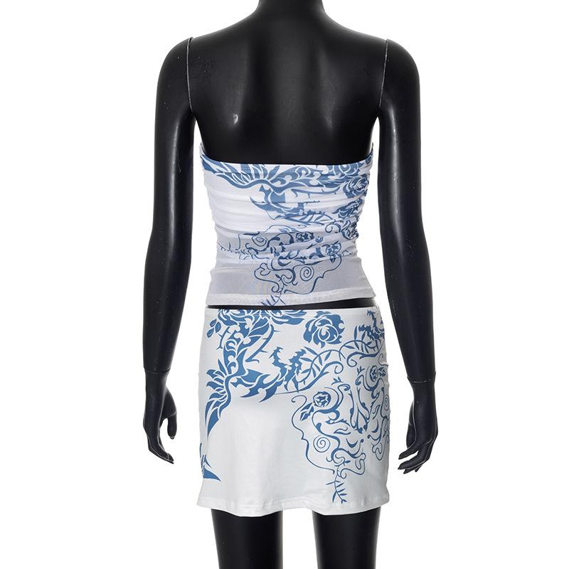 acelimosf™-Mesh flower print tube mini skirt set