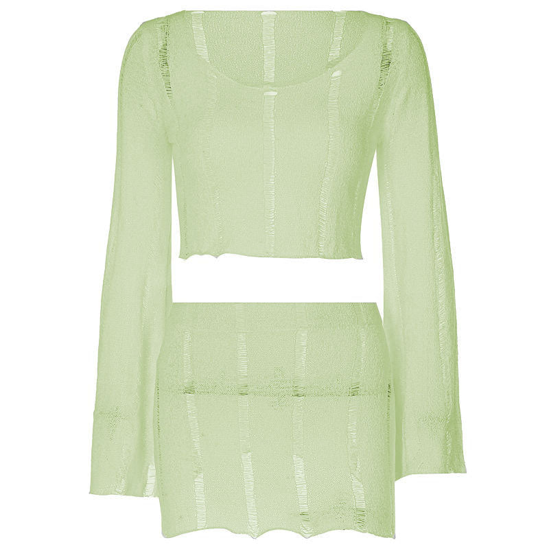 acelimosf™-Knitted hollow out solid flared sleeve low cut mini skirt set