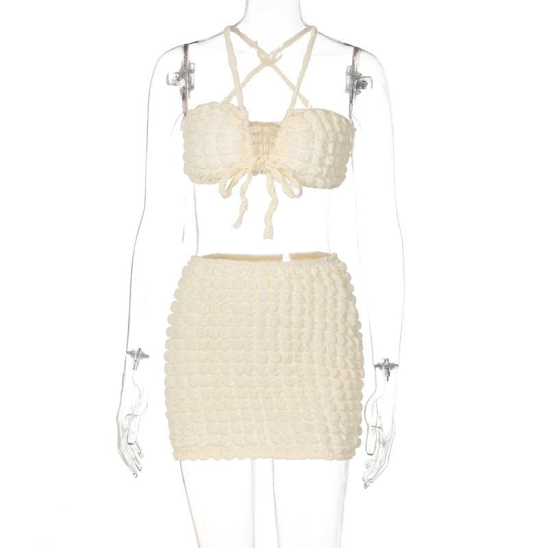 acelimosf™-Drawstring ruched waffle solid mini skirt set
