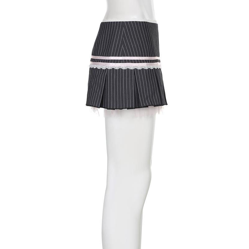 acelimosf™-Bowknot lace hem pleated button striped print mini skirt