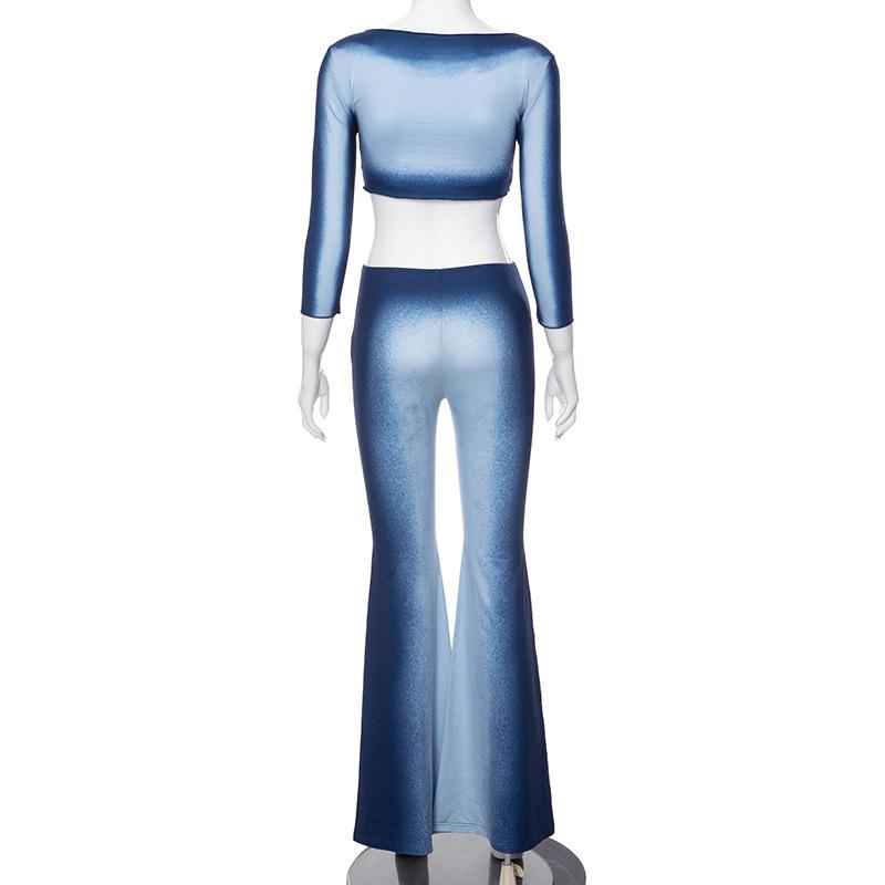 acelimosf™-Long sleeve gradient crewneck ruffle pant set
