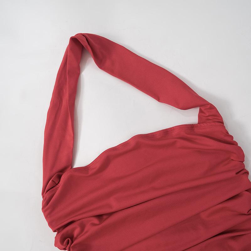 acelimosf™-Halter ruched backless high slit maxi skirt set