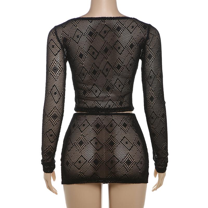 acelimosf™-See through hollow out slit long sleeve mini skirt set