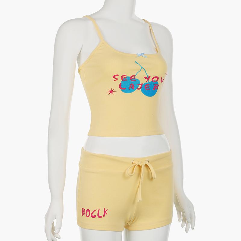 acelimosf™-U neck letter print bowknot cami pant set