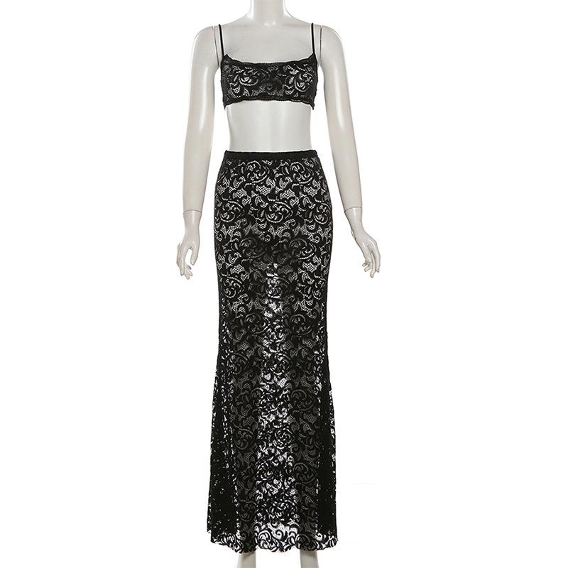 acelimosf™-Lace see through u neck backless cami maxi skirt set
