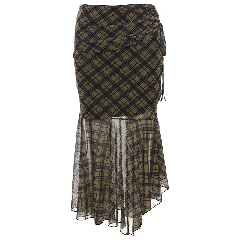 acelimosf™-Plaid ruched drawstring mesh irregular midi skirt