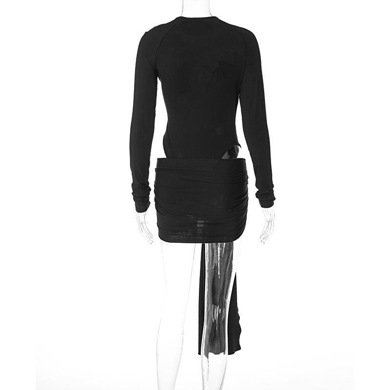 acelimosf™-Long sleeve solid hollow out button bodysuit mini dress skirt set
