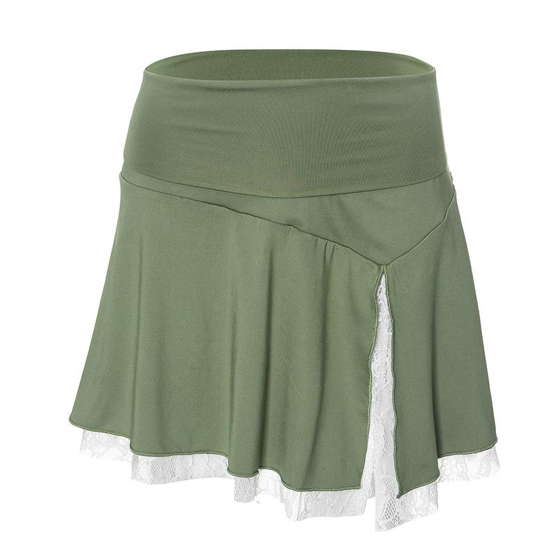 acelimosf™-Lace hem slit A line stitch mini skirt