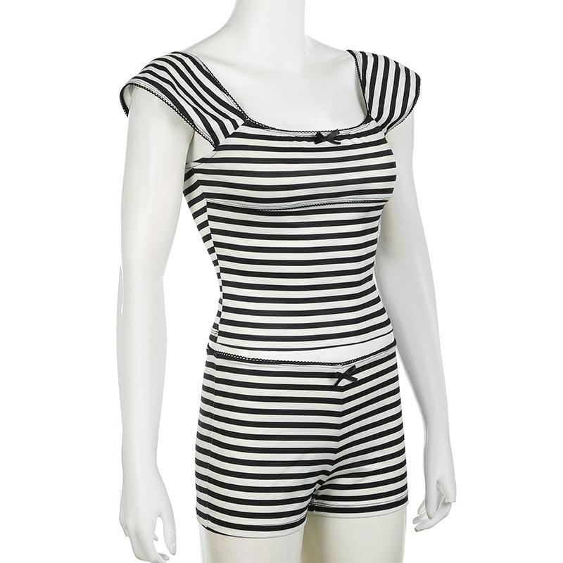 acelimosf™-Striped print cap sleeve bowknot pant set