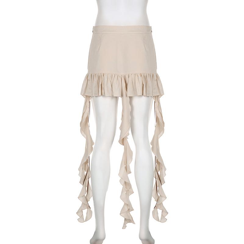 acelimosf™-Ruffle ribbon zip-up bowknot button pocket mini skirt