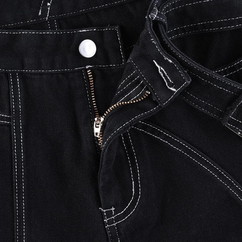 acelimosf™-Stitch belt irregular contrast low rise wide leg jeans y2k 90s Revival Techno Fashion