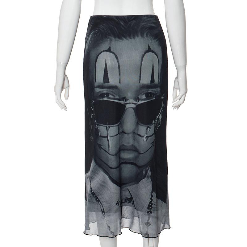 acelimosf™-Abstract contrast print low rise mesh ruffle midi skirt