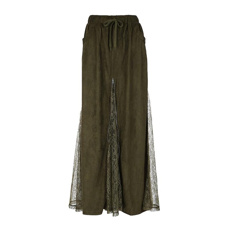acelimosf™-Drawstring ruched zip-up lace patchwork maxi dress