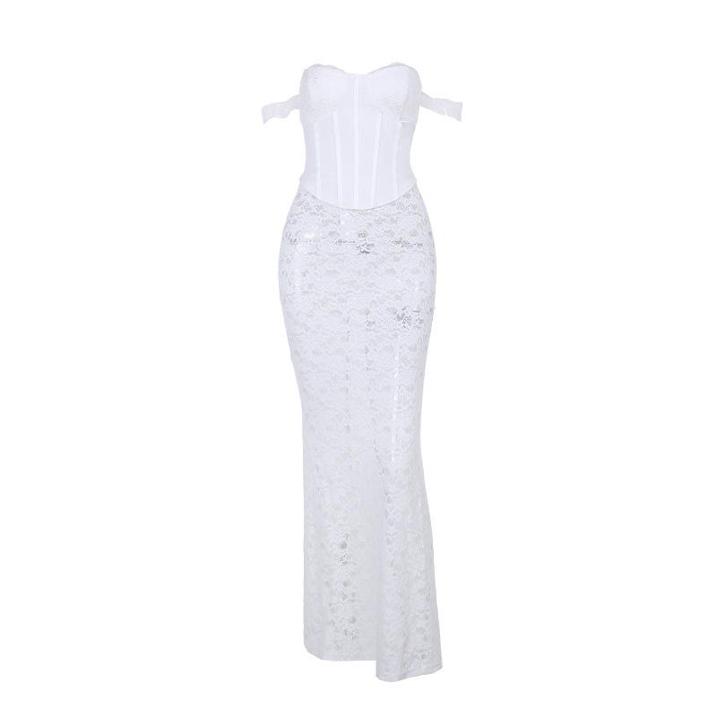 acelimosf™-Off shoulder bustier lace see through lace up maxi skirt set