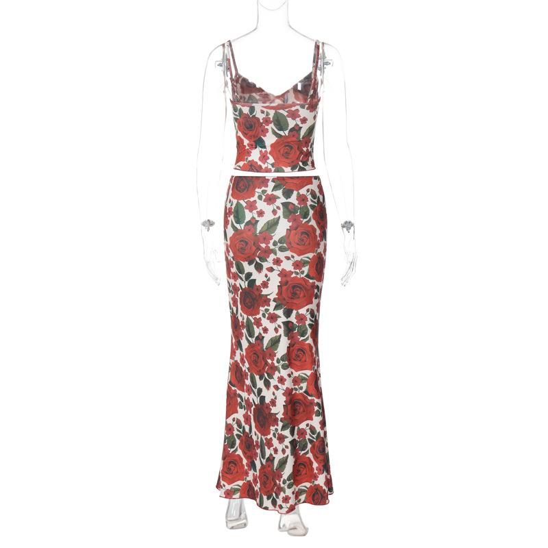 acelimosf™-V neck backless flower print cami maxi skirt set